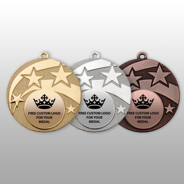 PACK OF 100 BULK BUY 50MM 'STAR' GOLD, SILVER OR BRONZE MEDALS, RIBBON AND CUSTOM LOGO **AMAZING VALUE**