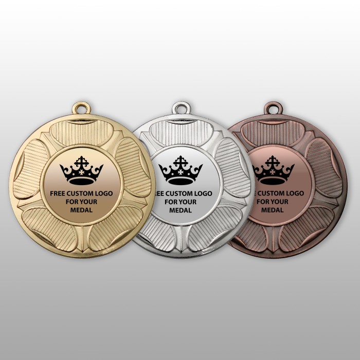 PACK OF 100 BULK BUY 50MM 'TUDOR ROSE' GOLD, SILVER OR BRONZE MEDALS, RIBBON AND CUSTOM LOGO **AMAZING VALUE**