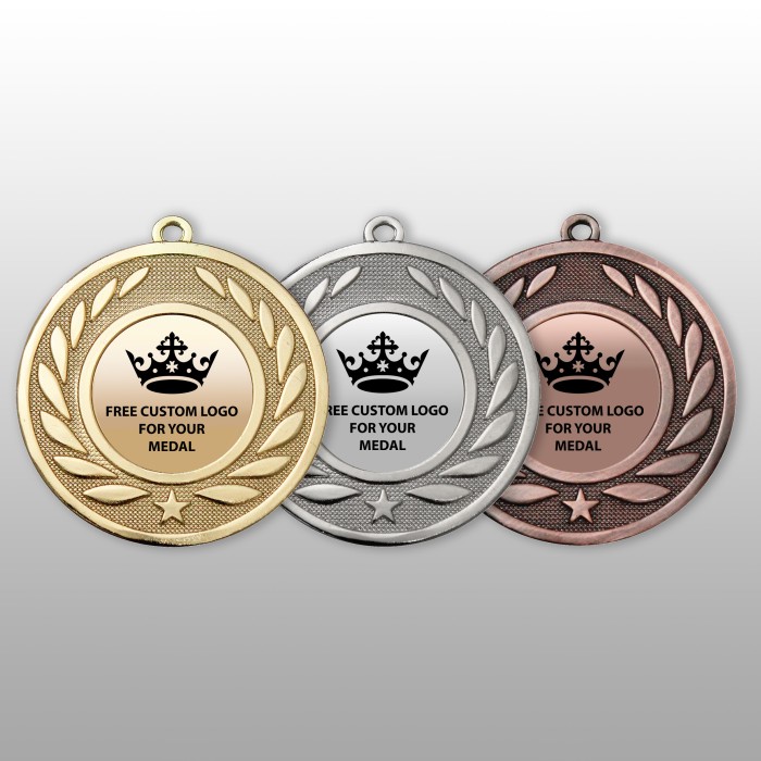 PACK OF 100 BULK BUY 50MM 'WREATH' GOLD, SILVER OR BRONZE MEDALS, RIBBON AND CUSTOM LOGO **AMAZING VALUE**