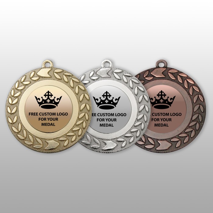 PACK OF 100 BULK BUY 50MM 'WREATH ARROW' GOLD, SILVER OR BRONZE MEDALS, RIBBON AND CUSTOM LOGO **AMAZING VALUE**